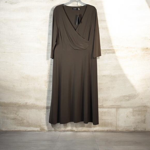 Lauren Ralph Lauren Womens Jersey Dress Sz 16 Olive Green Stretch *No Sash $145 - Picture 2 of 11